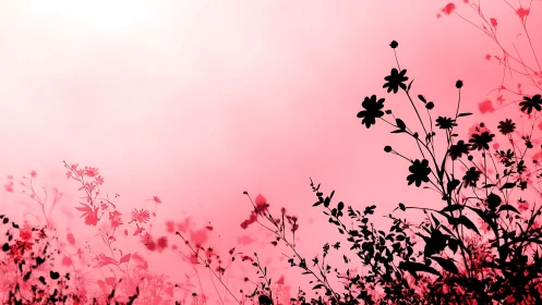 Silhouetted Flora Against Gradient Pink Atmospheric Backdrop.