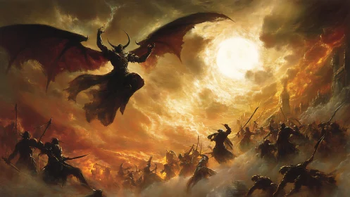 Winged demon warlord over infernal battlefield under burning sun