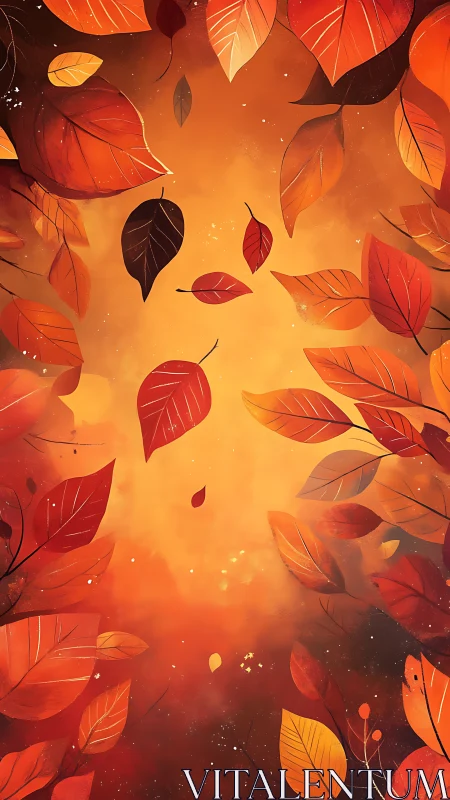 Autumn foliage pattern with falling leaves on orange background.
