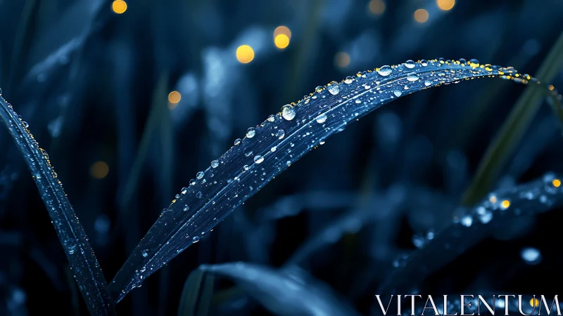 Midnight dewdrops glimmer softly on curved grass blades
