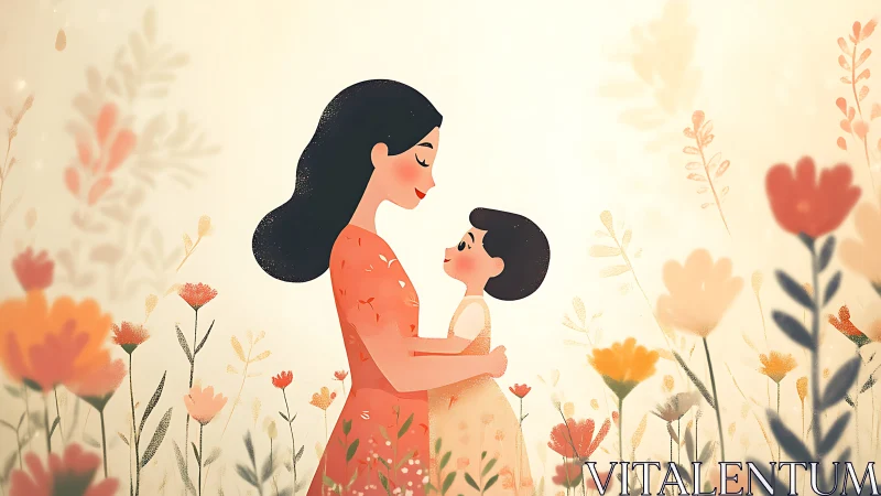 Mother and Child in Blooming Flower Garden