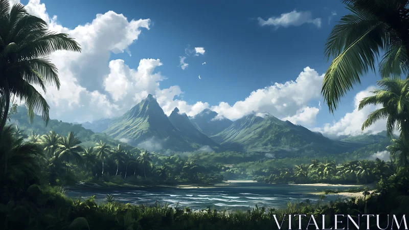 Tropical Mountain Paradise with Palm-Lined Lagoon.
