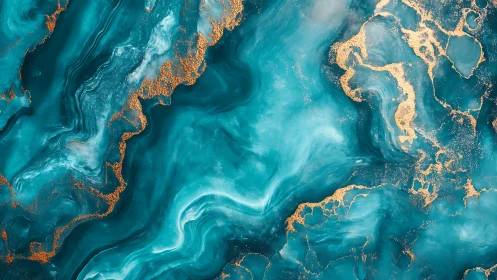 Golden tides swirling through tranquil teal marble dream.