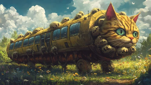 Whimsical cat bus rolls through a sunlit wildflower meadow.