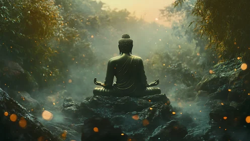 Bronze Buddha statue meditating in misty forest ravine at dawn