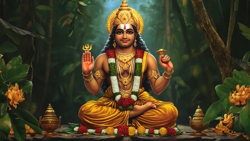 Divine figure seated in forest with gold ornaments and garlands.