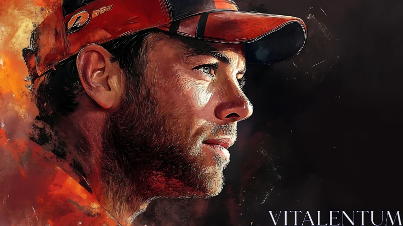 Warm portrait of a focused man in a red cap, lit by firelight.