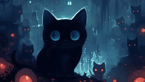 Neon-Eyed Black Cat in Cyberpunk Urban Landscape.