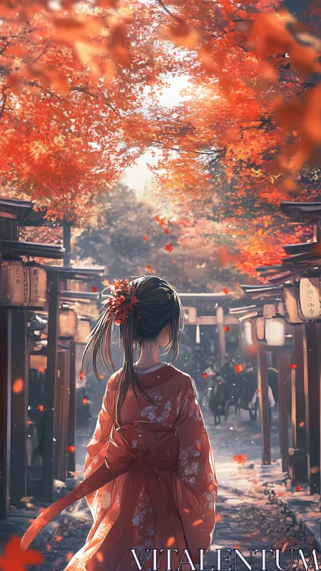 Kimono-clad girl under autumn maples in cinematic backlight