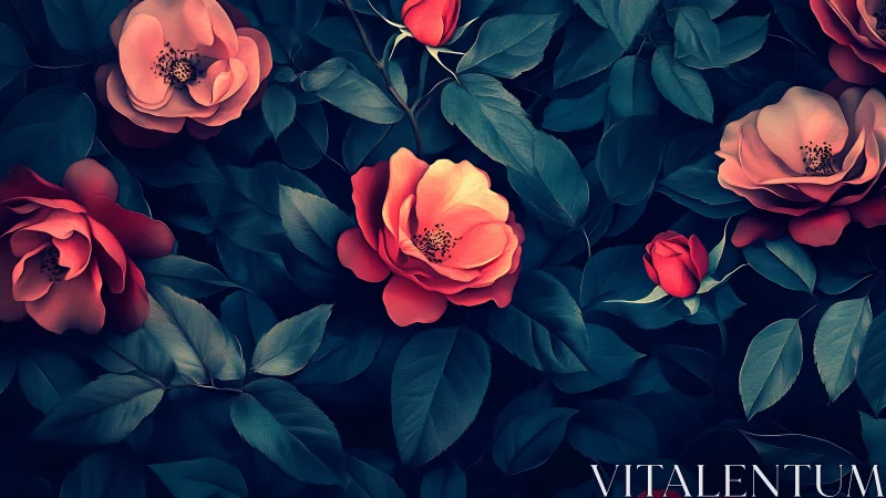 Coral roses with teal foliage against dark background.