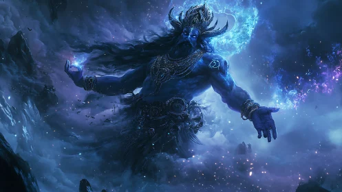 Mystic blue deity shaping swirling cosmic storms with grace.