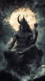 Moonlit divine warrior resting in swirling celestial mist.