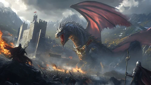 Armored dragon confronting medieval fortress and soldiers.