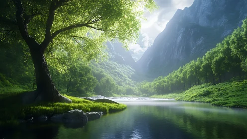 Sunlit river valley with lone tree and misted cliffs.