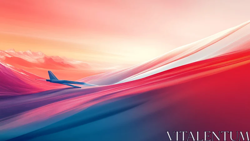 Jet aircraft over abstract red and blue landscape at dusk.