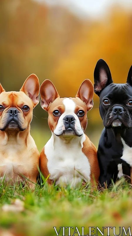 Three small dogs sitting in grass with autumn backdrop.