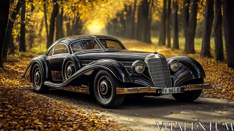 Vintage black coupe glides through golden autumn forest road
