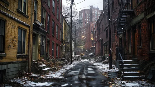 Narrow urban alleyway shows brick facades and light snow