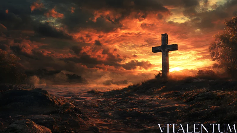 Stone cross overlooks stormy sunset over rugged valley.