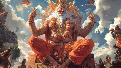 Seated bearded deity dominates ornate throne under cloudy sky