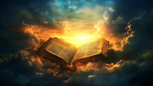 Glowing ancient book floating gently in radiant golden clouds.