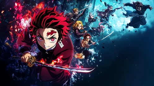 Sword-wielding anime characters in opposing elemental fields.