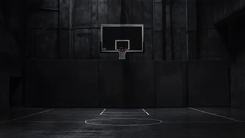 Monochrome indoor basketball court with dramatic low-key lighting.