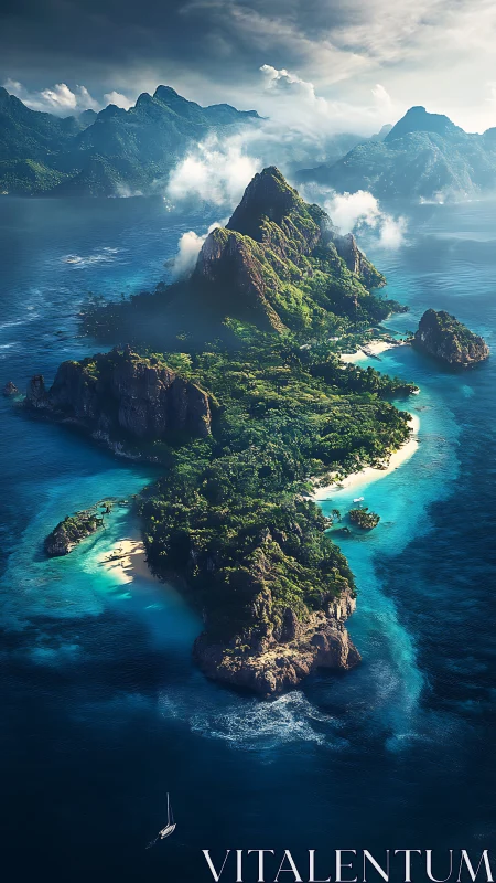 Tropical Island Archipelago Emerges Through Clouds Over Turquoise Waters.