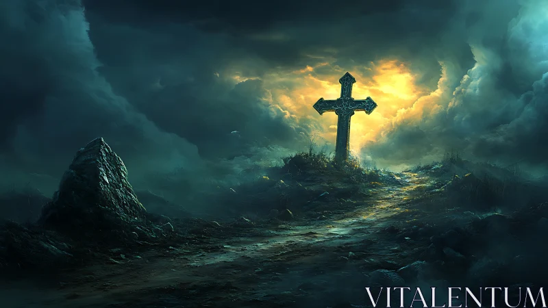 Stormlit cross on a lonely hill where darkness softens to dawn.
