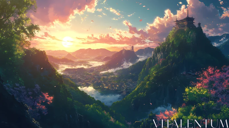 Sunlit mountain valley with distant pagoda city glows warmly