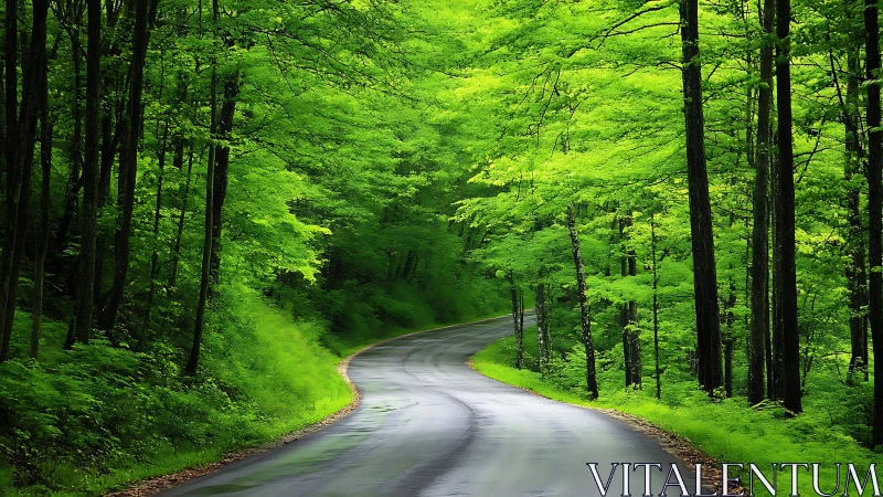 Serene winding road through lush green forest in springtime.