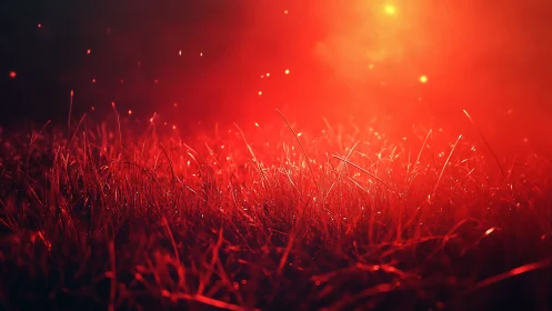 Red luminescent field with bokeh light particles and atmospheric haze