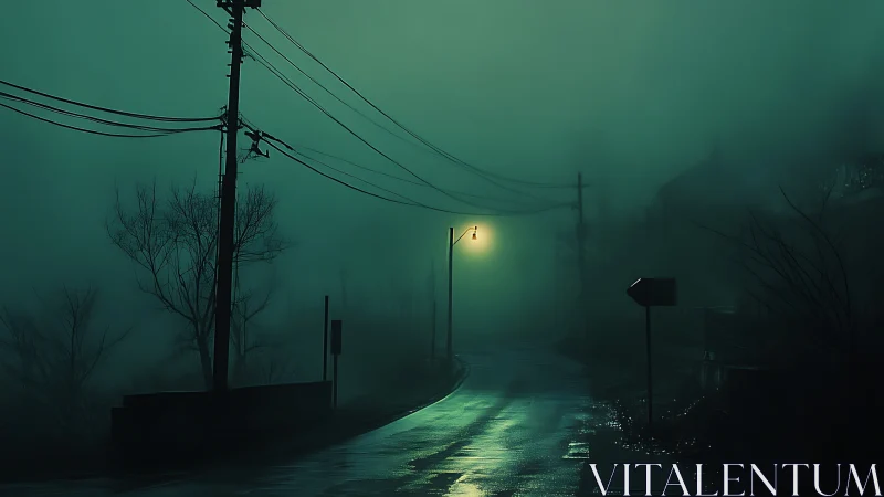 Foggy hillside road glows under lone green streetlamp.