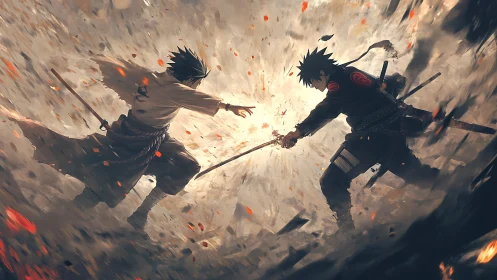 Dynamic anime duel in explosive radial battlefield composition.