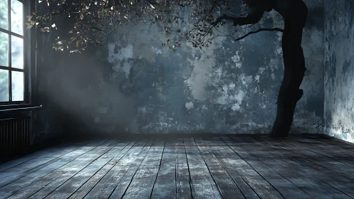 Photorealistic decay room with encroaching indoor tree form.