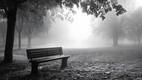 Solitary park bench cradled in whispering morning fog.