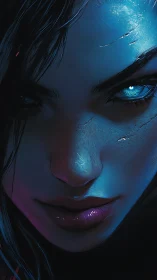 Scarred blue-lit face in intense digital close-up portrait.