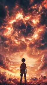 Silhouetted figure observes fiery circular formation in sky