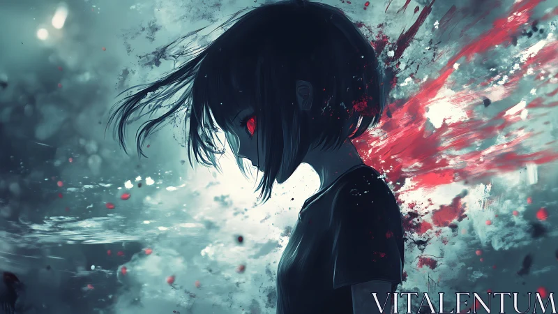 Brooding anime girl with crimson aura in stormy haze.