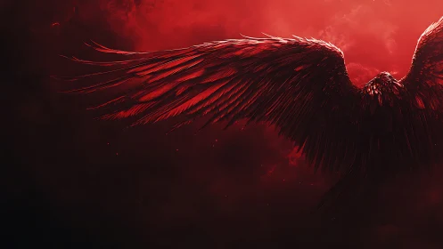 Crimson angel wings unfolding in a stormy red sky.