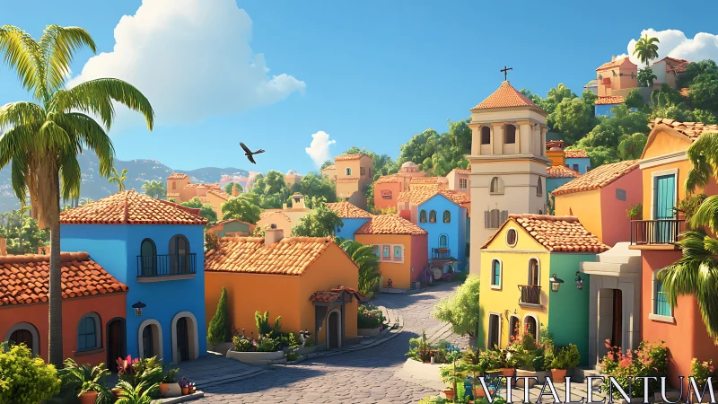 Digital rendering shows colorful hillside village street scene