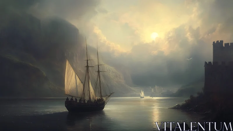 Sunlit brigantine approaches misty fjord stronghold at dusk