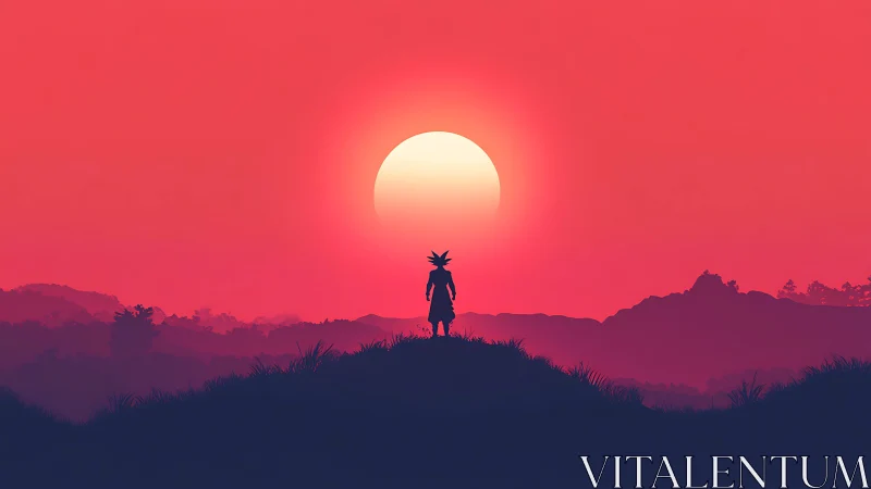 Soft sunset sky welcomes a lone adventurer on the hill