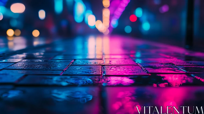 Wet cobblestone pavement reflects neon bokeh in shallow depth of field