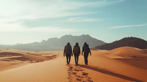 Three wanderers crossing honey-gold desert hush together.