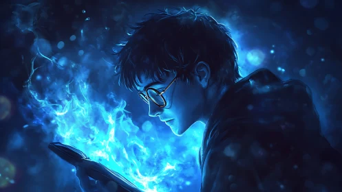 Mystical reader bathed in blue ethereal spellfire glow.