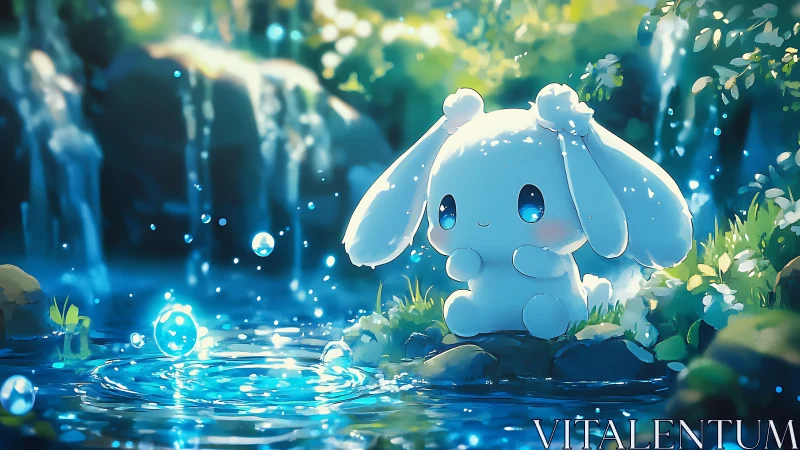 Cartoon rabbit-like creature by forest waterfall pool.