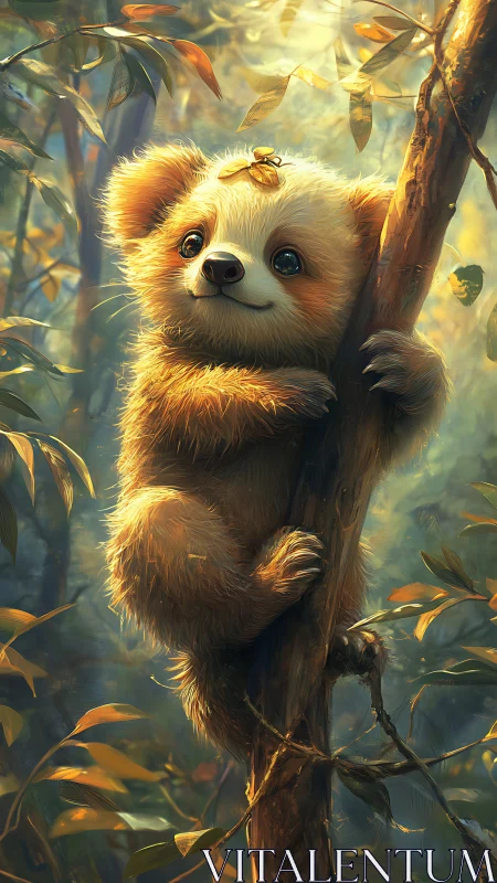 Golden baby panda clings to sunlit forest tree trunk