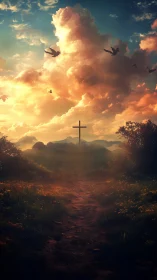 Sunlit country path leads toward a distant cross at dawn