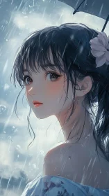 Rain-soaked girl under umbrella with luminous soft light.